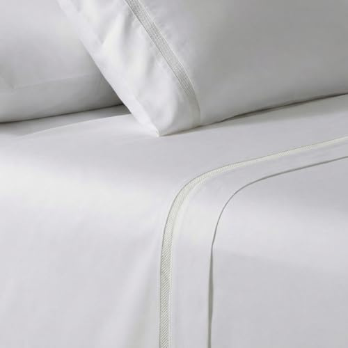 VOUCLER Sanctuary – Sabana Encimera Cama 150 cm Blanca 600 Hilos 100% Algodón de Satén con Encaje Moderno | Cama 150cm y 160cm | Tacto Sedoso 240x280CM Oeko-Tex® | Algodón Peinado