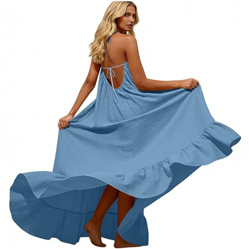 Generico Abito Donna Elegante Invernale Vestito Prendisole con Spalline Vestiti Senza Maniche da Spiaggia Plissettato Lungo Casual Semplice Spolverino Oversize Sottili per Stile Moderno (Blue, S)