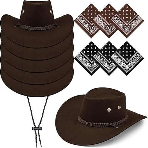 KDXBQ 12-teiliges Cowboyhut-Set, 6 Westernhüte mit Bandanas, Braun