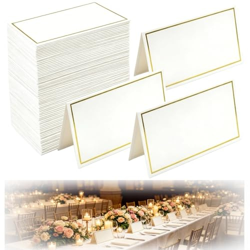 150Pcs White Place Cards with Gold Foil Border 5.1 x 8.4 cm Folded Name Cards for Table Setting Premium Blank Seating Cards for Weddings Banquets and Catering Events