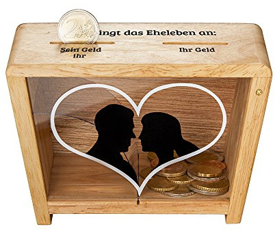 Casa Vivente Spardose für Ehe-Paare mit Herz-Aufdruck, Sparbüchse aus Holz zur Hochzeit, Verpackung für Geldgeschenke