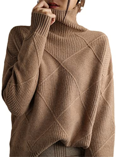 Suéter de cachemir de cuello alto para mujer, color puro, tejido de lana pura, suelto, talla grande