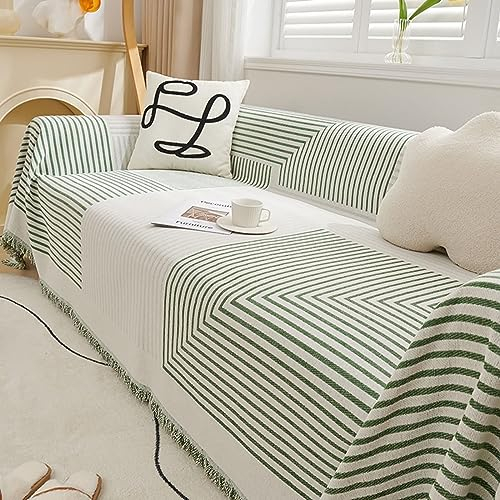 Daesar Überzug Sofa 1 Sitzer, Sofabezug Ecksofa 180x150CM Grün Gestreift mit Quasten Couch Überzug Katzenfest Sofaüberwurf Chenille