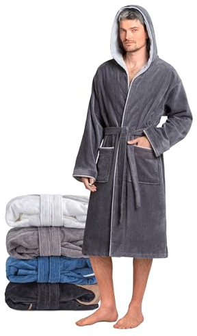 Twinzen Peignoir Homme Eponge Gris - 100% Coton Velours Premium OekoTex - Robe de Chambre Peignoir de Bain Homme Eponge Ultra Doux - Taille L