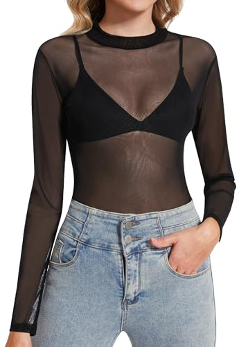 Kiiwah Women's Mesh Top Sexy Long Sleeve Sheer Top Slim Fit Mesh High Neck Shirt Transparent Blouse Black See Through T-Shirt for Party Clubwear Nightwear