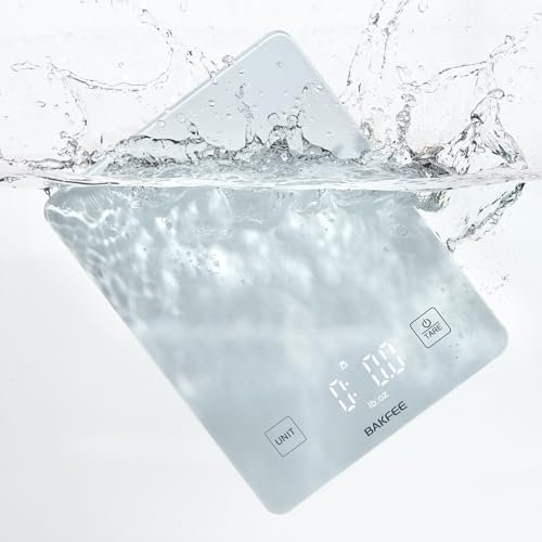 BAKFEE IP67 Waterproof Kitchen Scale with Glass Surface, 10kg Food Scale 1g/0.1oz Precision, USB Rechargeable, LED Display, Grams and Ounces, for Baking, Cooking, Making Sourdough Bread. WHITE