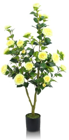 GOVIRAYE Árbol De Camelia Artificial con Flores Amarillas, Planta Decorativa Grande para Interior Y Exterior, Árbol De Flores Sintético En Maceta para Hogar, Oficina O Jardín, Sin Cuidados