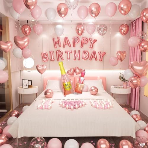 Rose Gold Happy Birthday Decorations for Girls Women Birthday Balloon Letters Banner with Heart-Shaped Champagne Bottle Lipstick Balloons Rose Petals
