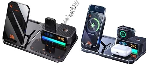6-in-1 Wireless Charging Station for iPhone & Samsung phones | Wireless Charger for Apple Watch, AirPods & Earbuds| Integrated Bluetooth Speaker, LED Display, Alarm Clock – Fold/Fast Charging