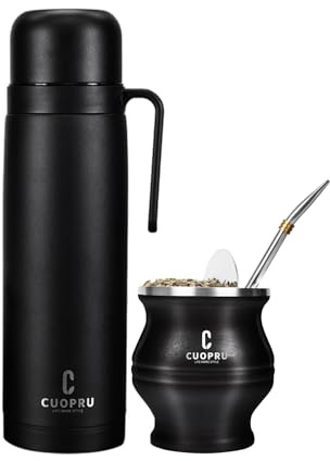 Yerba Mate Termo and Cup Set, Include Vacuum Insulated Bottle with Tea Separator, Bombilla Straw and Cleaning Brush, Black