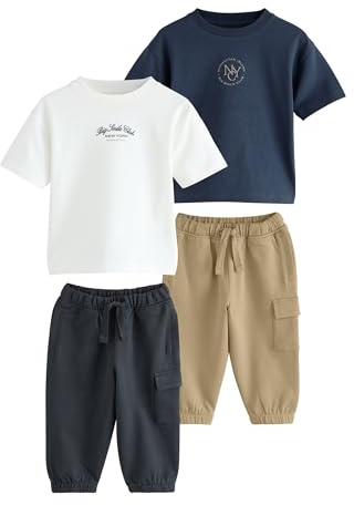 NEXT Ragazzo Confezione da 2 completi T-shirt a manica corta e pantaloni da jogging multitasche Blu navy/bianco 2 Anni-3 Anni