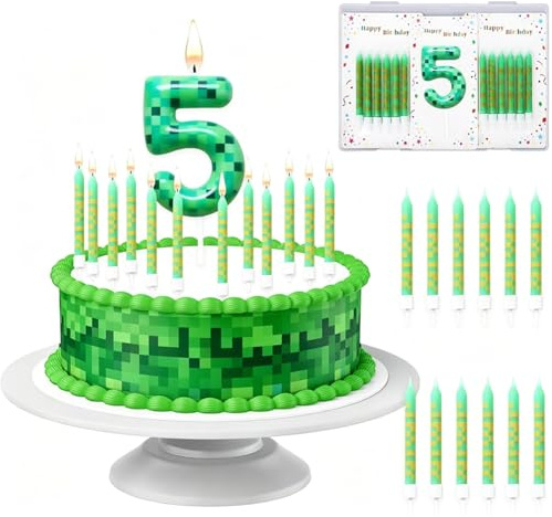 QYEHF Bougie Anniversaire jeu Ans,13PCS Verts Pixels Décorations de Gâteaux,pour la Décoration de Fête à Thème de Bougie de Gâteau-vert (Numérique 5 ans)
