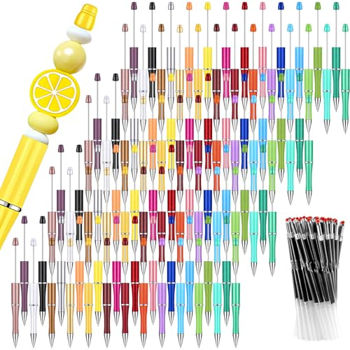 HFZCV 100 Stück Beadable Pens (Ohne Perlen), DIY Perlenstifte Rohlinge zum Basteln mit 100 Extra Ersatzminen, Kunststoff Kugelschreiber Selbst Gestalten Set für Gastgeschenke & Büro