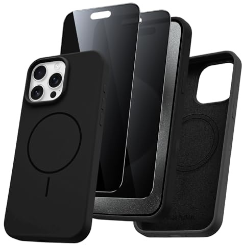 Pnakqil Magnetica Cover per iPhone 15 Pro Compatibile con MagSafe Custodia con 2 Pezzi Privacy Pellicola Protettiva, Morbido Liquido Silicone Antiurto Bumper Case per iPhone 15 Pro, Nero
