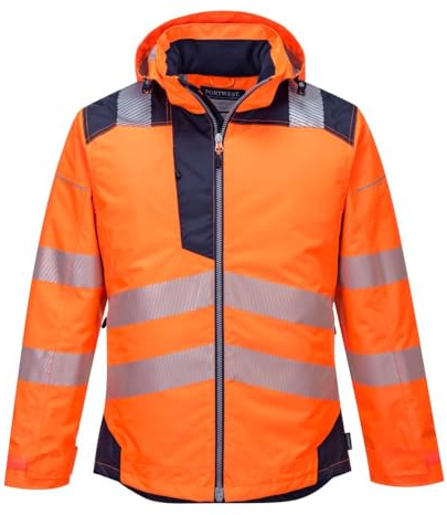 Portwest PW3 T400 Mens Hi Vis Hooded Work Jacket Waterproof Lightweight Quilt Lined Thermal Winter Safety Coat 300D Oxford Reflective Tape for Construction Rail Utility, Orange/Black, XXL