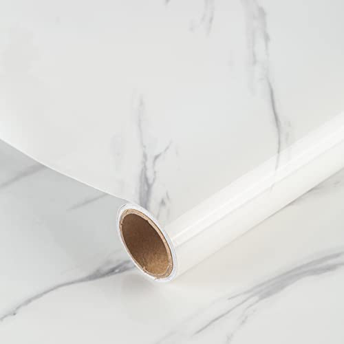 JSEVEM 40CM×10M Big Roll Thick White and Grey Marble Wallpaper Peel Stick Waterproof White Gray Marble Contact Paper Vinyl Wrap Glossy Granite Furniture Tile Sticker for Bathroom Walls Kitchen Worktop