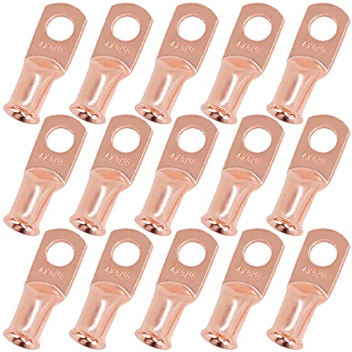 Swpeet 15Pcs 4 AWG - 5/16 (M8) Ring Terminals UL Listed Copper Battery Cable Lugs, Wire Lugs, Bare Copper Eyelets, Tubular Ring Battery Cable Ends for Enhanced High Temperature