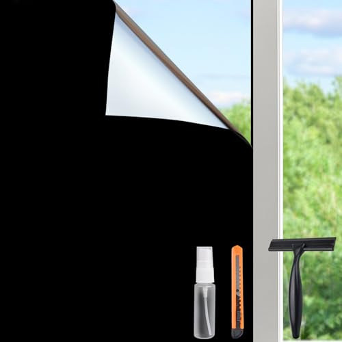 HIDBEA Mirror Blackout Window Film,100% Light Blocking Room Darkening Window Privacy Film,Mirror Glass Window Film Heat Control, Removable Window Cover Tint for Day Sleep (Mirror Black,17.5in x 6.5ft)