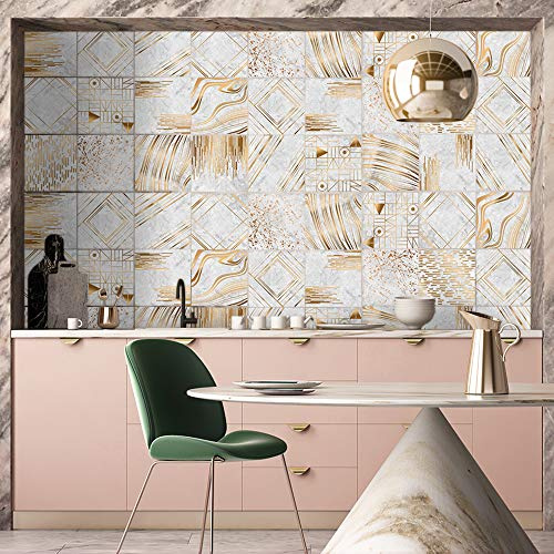 Lot de 10 autocollants de 20 x 20 cm imitation carreaux de ciment à poser au mur. Crédence, décoration d’intérieur, pour salon, cuisine, salle de bains, doré (golden)