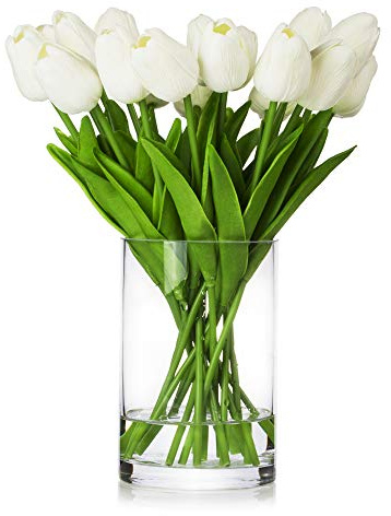 ENOVA HOME 20 Pieces Artificial Real Touch Tulips Flower Arrangement in Glass Vase with Faux Water for Home Decoration (White)