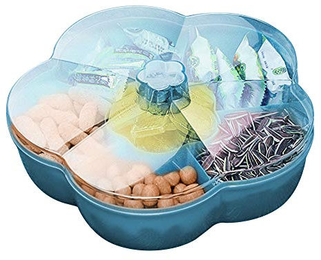 Surakey Boîte Alimentaire en Plastique avec Couvercle,Boîte Rangement Distributeur Snacks, Plateau de Service à Noix en Forme de Fleur,avec 6 Compartiments pour Le déjeuner et Le Camping, Bleu