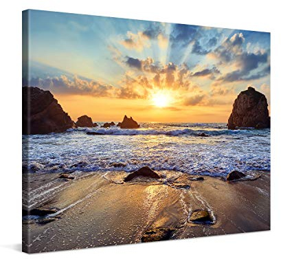 PICANOVA – Bild på duk, stenig strand, solnedgång, 80 x 60 cm – canvastavla – premium canvastryck – väggmålning konsttryck på 2 cm, träkilram, vardagsrum, väggdekoration – strand