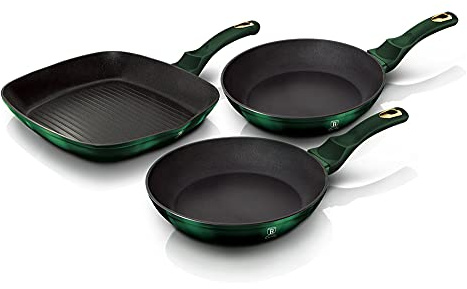 Berlinger Haus Emerald Collection 3-Piece Round Frying Pan Set 20 cm / 24 cm with Grill Pan 28 cm Dark Green