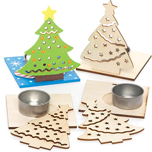 Baker Ross FE908 Kits de Portavelas de Madera Árbol de Navidad - Paquete de 4, Soporte para Velas para Decorar y Exhibir, Manualidades de Madera para Niños, Proyecto Ideal de Manualidades Navideñas