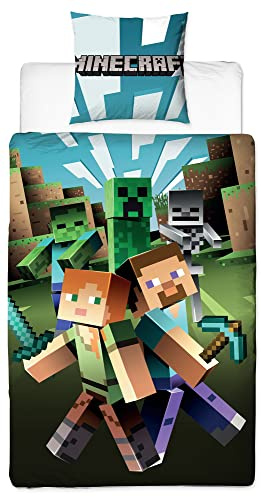 BERONAGE Minecraft Vändbara sängkläder City 135 x 200 cm 80 x 80 cm, 100 % bomull, linon/förstärkt kvalitet, barnsängkläder, Creeper TNT Zombie Crafting Enderman Skelett Enderdrake, 2 motiv dragkedja