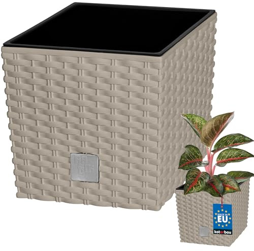 KOTARBAU® Blomkruka med Insats, Fyrkantig Blomkruka i Rottinglook 20x20 cm | Blomkruka av Plast 6,8 L, Blomkruka av Plast, för Inom- och Utomhusbruk, Mocka