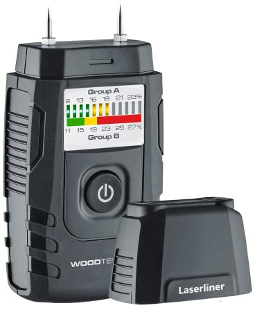 Laserliner Feuchtigkeitsmessgerät, WoodTester, digitales Holzfeuchtemessgerät für Kaminholz & Brennholz, Dual-Skala mit LED- und%-Anzeige, Referenzmessung, Ein-Tasten-Bedienung, Auto-Abschaltung