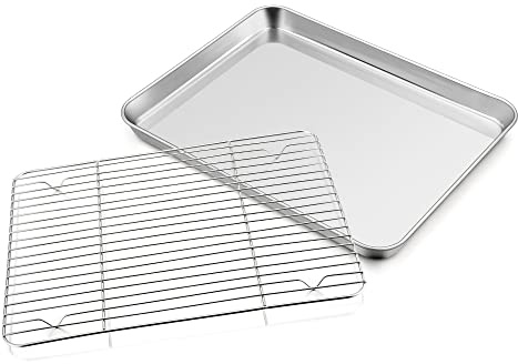 Bakplåt med kylgaller, Joyfair rostfritt stål, stor ugnsplåt, kakplåt och kakgaller-set, 31,6 x 24,5 x 2,5 cm, rektangulär bakform och kylgaller för bakning/stekning/kylning, diskmaskinssäker | Rektangulär ugnsplåt och kylgaller för bakning/stekning/kylning, diskmaskinssäker, hälsosam och hållbar, värmebeständig
