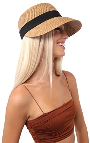 Sombrero Playa Mujer para Sol, Visera Mujer de Paja Papel para el Sol, Pamela Plegable con ala Ancha para Vacaciones y Viaje, Talla única