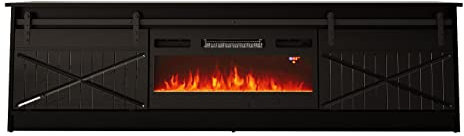 BIM Furniture Mueble para TV Granero de 200 cm con chimenea eléctrica frontal fresado de alta calidad MDF de alta calidad, armario bajo para TV, aparador, mesa de alta fidelidad, mesa de televisión