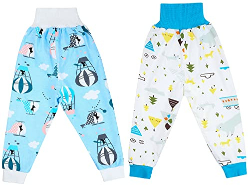 MOEMOE BABY 2 pantalones de pañales para niños, falda de pañal para niños, pantalones de entrenamiento de algodón, pantalones de aprendizaje, pantalones de entrenamiento, color azul y blanco, L/5-7