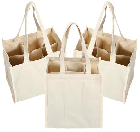 Berlune 3 Pcs Reusable 6 Bottle Wine Tote Bag with Divider Canvas Washable Portable Wine Carrier Tote Sturdy Bag for Grocery Bottle Carrier Holder for Travel Camping Picnic