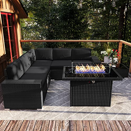 Vakollia 7 Pieces Patio Furniture Set with 44 Propane Gas Fire Pit Table, Outdoor Sectional Wicker Conversation Sofa Sets with Coffee Table