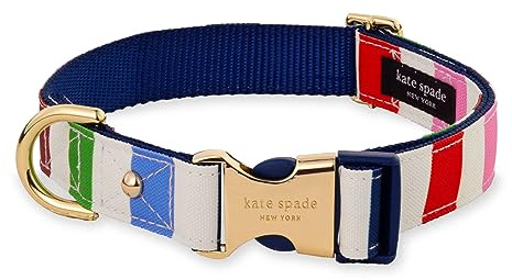 kate spade new york Cute Dog Collar with Gold Metal Details & Plastic Buckle, 15 to 22 Adjustable Dog Collar for Female or Male Dogs, Medium/Large, Adventure Stripe