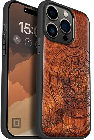 Carveit Handyhülle für iPhone 15 Pro, Pflaumenfarbe-Kanagawa Waves | Holz Cover kompatibel MagSafe Silikon Stoßfeste Case, Magnetisch Hull für iPhone 15 Pro Handyhulle