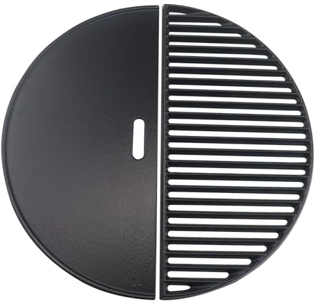 Bewesazy 18 Half Moon Cast Iron Griddle Plate for Kamado Joe Classic I, II, III, Large Big Green Egg, Vision Grill B-11N1A1-Y2A, VGKSS-CC2 | Smooth and Ribbed Surfaces, Two-Zone Cooking, Even Heat, fits For Kamado Joe Classic I, II, III, Large Big Green Egg