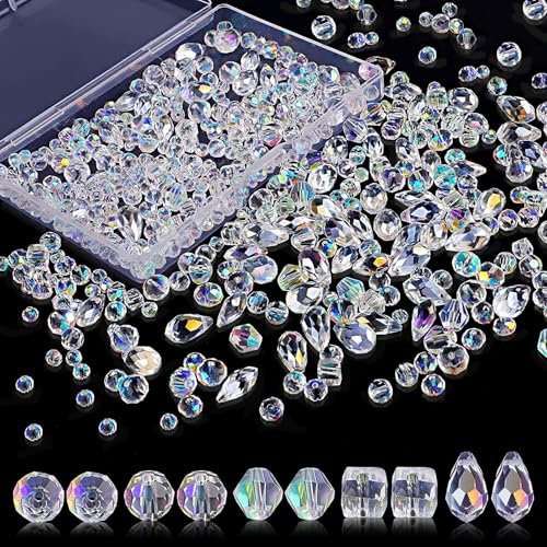 VIDSTW 600 Pièces Perles à Facettes en Verre Cristal 4/6/8 mm 5 Formes pour Bijoux et Artisanat Transparent
