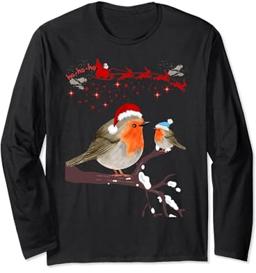 Robin Christmas Robins Bird Santa Reindeer Sleigh Long Sleeve T-Shirt