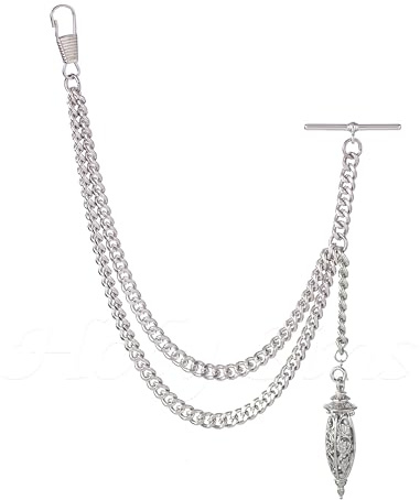 Chaîne de montre de poche Albert faite à la main au Royaume-Uni avec pendentif creux, Argent, 10