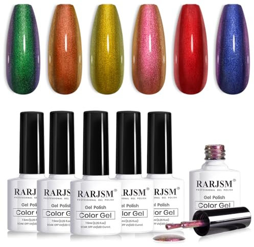 RARJSM Chameleon Gel Nail Polish 6pcs Set Multichrome Gradient Color Changing Orange Blue Purple Red Green Shimmer Glitter GelPolish Curing Requires Sparkle Chrome Soak Off Nail Gel Varnish Winter