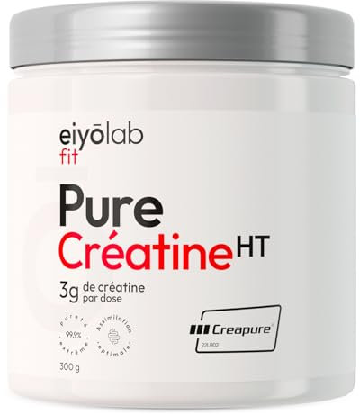 PURE CREATINE HT | 100% Creatine Monohydrate Creapure® en Poudre | Vegan | Pre Workout Musculation | Prise de Masse, Force, Résistance Musculaire | 300 grammes 88 Shakers | Poudre Neutre | Eiyolab