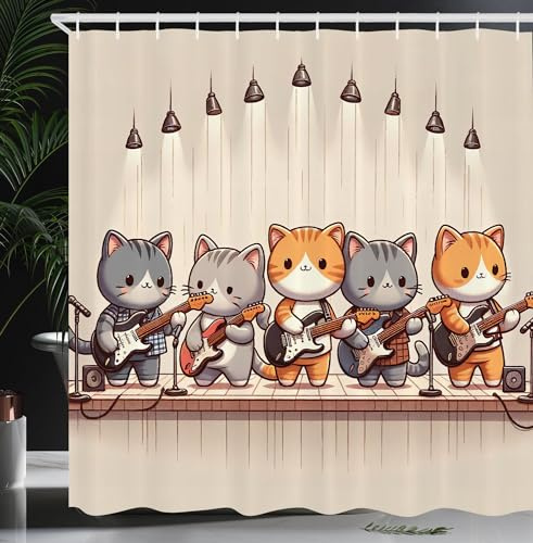 ABAKUHAUS Katze Duschvorhang, Kawaii Kätzchen Spielen E Gitarren Lustige Anime Tiere Band Cartoon, Stoffliches Gewebe Badezimmerdekorationsset mit Haken, 175 x 200 cm, Grau Orange Blasses Tan