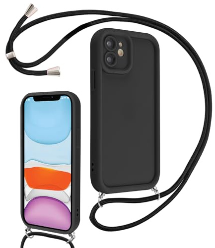 Coalbooliy Handyband für iPhone 11 Hülle 6,1 mit Band, Handyhülle Kameraschutz Weiches Silikon Necklace Stoßfeste Schutzhülle mit Kordel zum Umhängen Cover für Mädchen Frauen, Schwarz