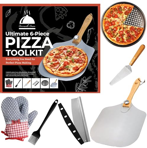 Connsole Casa 6pc Pizza Oven Accessories Set -12x14 Pizza Peel, 12 Perforated Pizza Pan, Pizza Server, Pizza Cutter Rocker Blade, Basting Brush & Heat Resistant Gloves Complete Pizza Making Kit