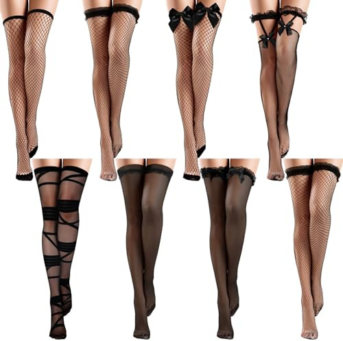 Geyoga 8 Pairs Thigh High Socks Fishnets Socks for Women Lace Mesh over Knee Long High Stockings with Bows