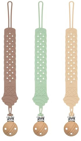 Schnullerkette – 3pcs Schnullerband, Einteilige Design - Kinderwagenkette für Jungen und Mädchen, gewebtes Design-Silikon, BPA-frei (Braun+Cyan+Weizen)